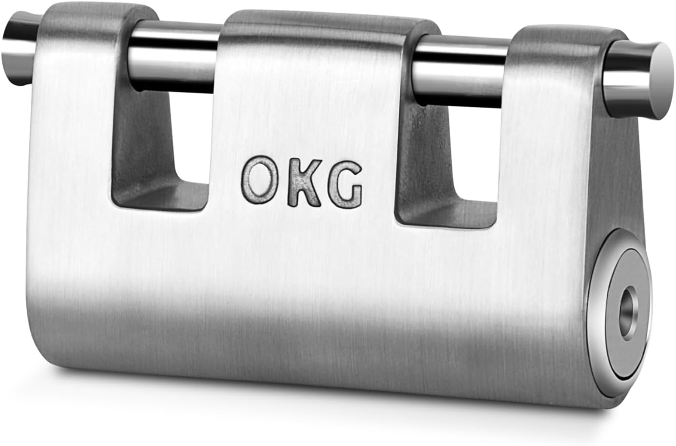 OKG Ultra Secure Stainless Steel Lock - Heavy Duty Solid Cast Padlock - 3 Keys, 2 Rods, 7/16" Shackle, Push Cylinder, Rust Proof Outdoor Lock - Combo Security Chain for 2-Wheeled Vehicle (No Chain)