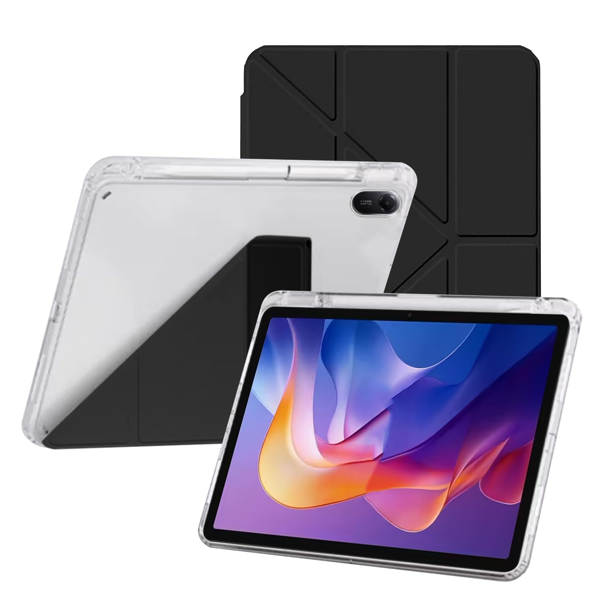FDHYFGDY Hülle für Xiaomi Redmi Pad 2 Mehrwinkelfaltung Schutzhülle, Neues PU Leder Case Dreifach Falt Klapp Schutzhülle mit Auto Schlaf/Wach Funktion - Schwarz