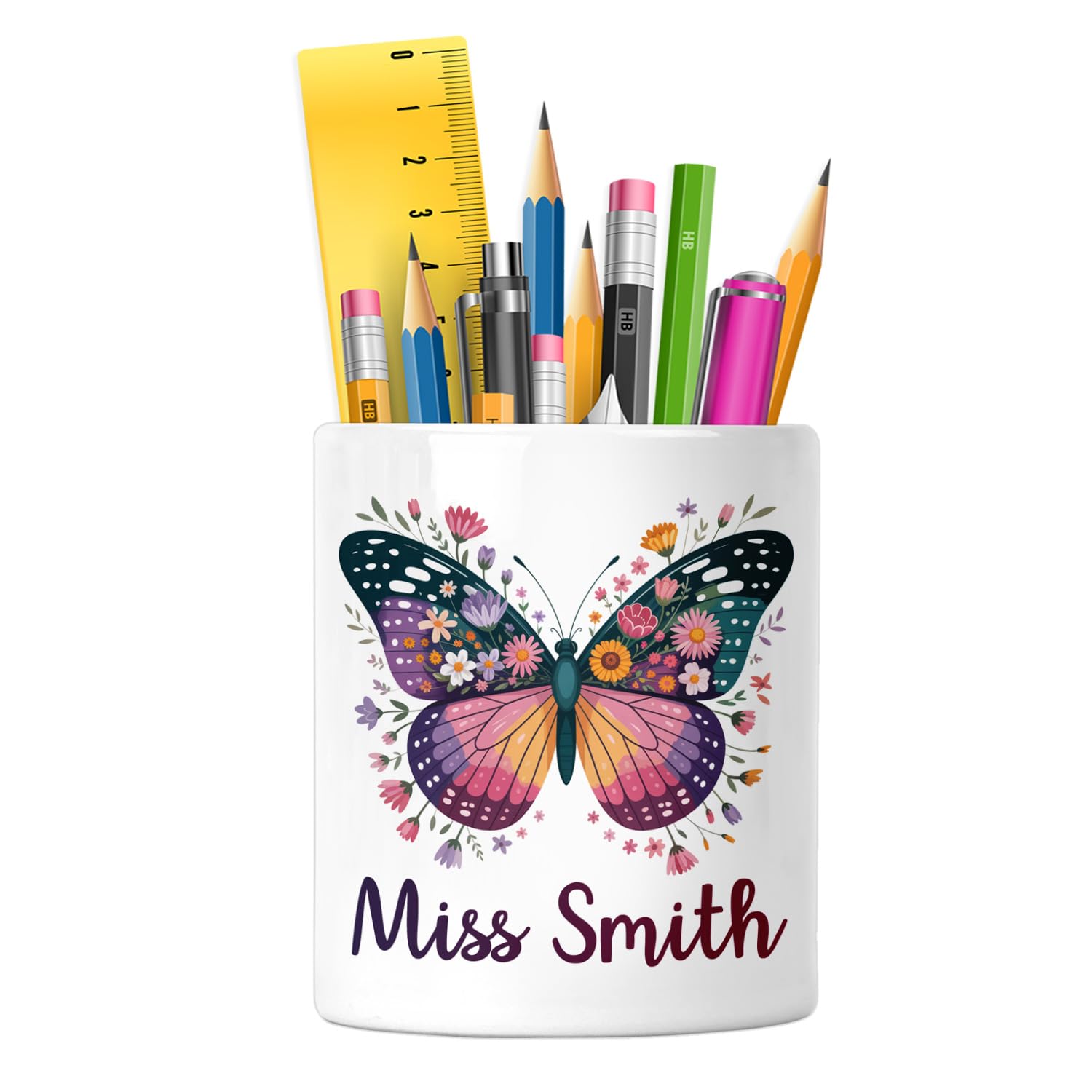 EnvyFone Personalised Teacher Pen Pot - Custom Floral Butterfly, Desk Organiser for School, Nursery or Office - End of Term Gift for Teaching Assistant, TA - Ceramic Pencil Holder