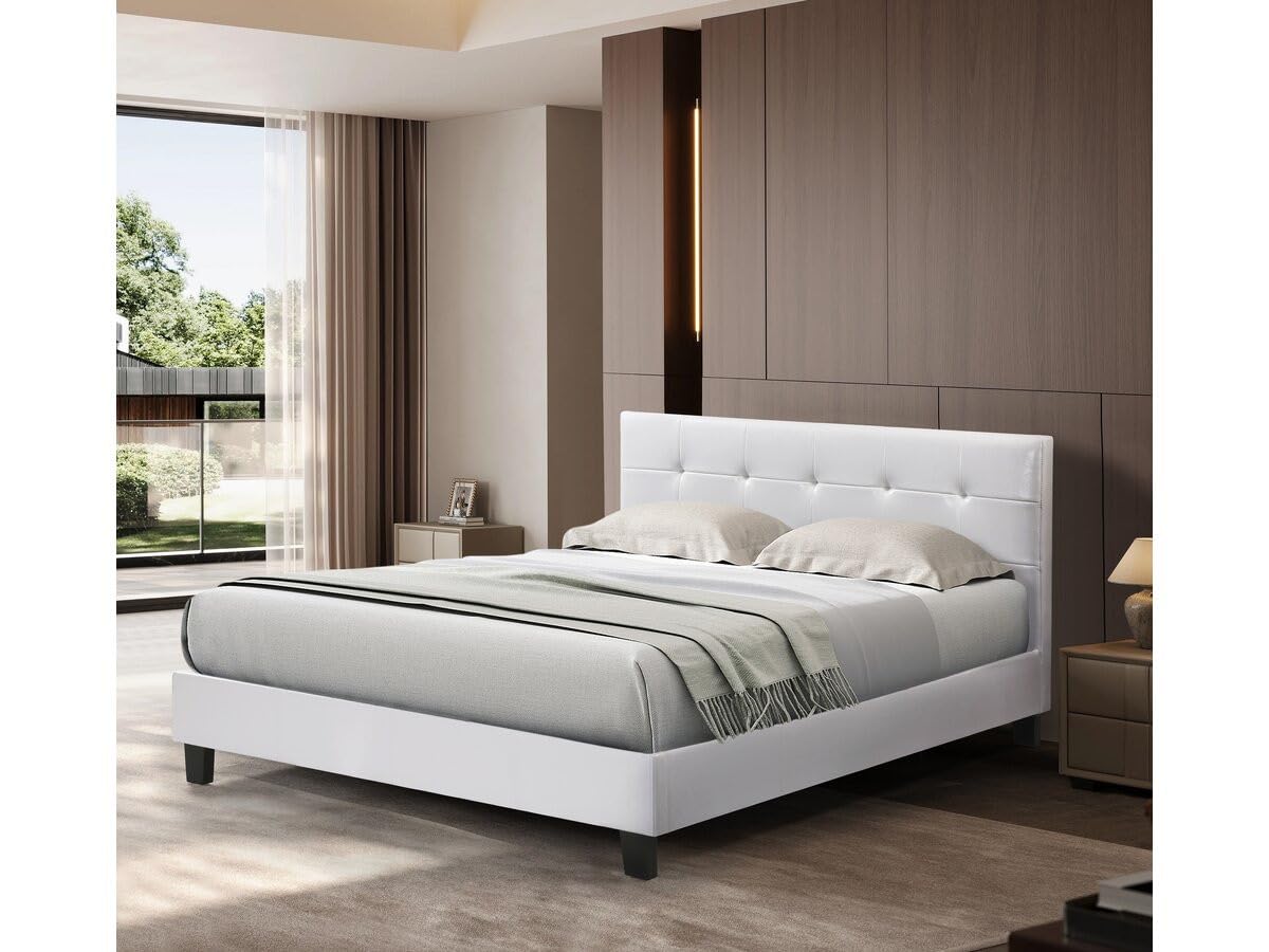Habitat et Jardin - Lit Double Julia en Simili Blanc 140 x 190 cm | Cadre de Lit 2 Places | Sommier et Tête de Lit Inclus | Support à Lattes en Bois