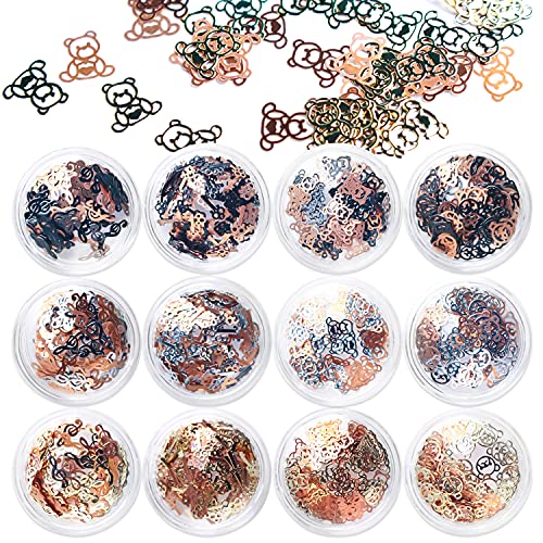 SILPECWEE 12 Boxen hohle Nageljuwelen, Teddybär, Nagelanhänger, 3D-Nagelschmuck, Nagelschmuck, Nageldekorationsset mit 1 Pinzette Cover