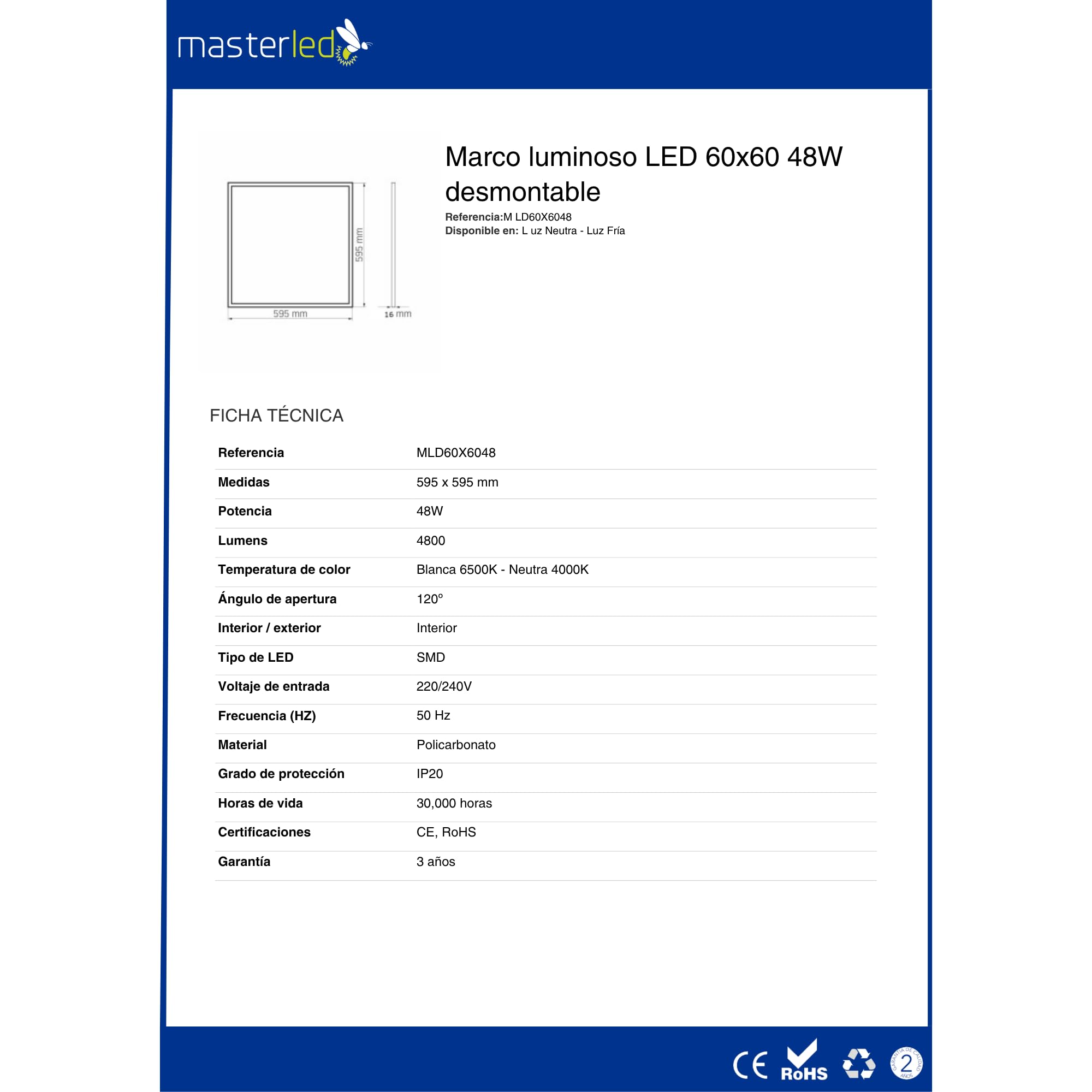 Panel Marco luminoso LED 60x60 48W Desmontable para techo técnico de placas. Iluminación eficiente para oficinas y comercios. Luz Neutra (4000ºK) - Garantía Europea 3 años