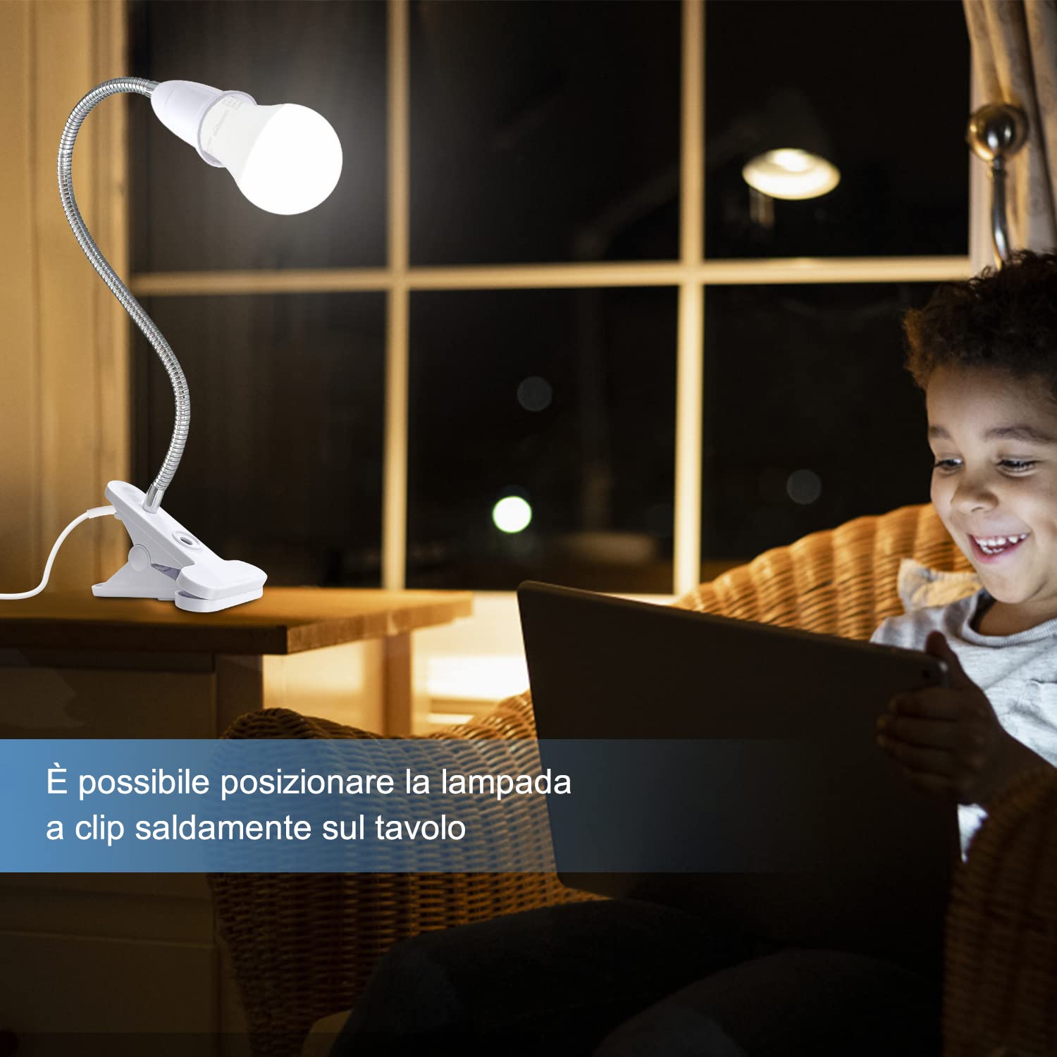 Portalampada E27 Con Pinza E Collo Flessibile - Lampada Da Tavolo, Cavo 220cm, Bianco - Foto 4