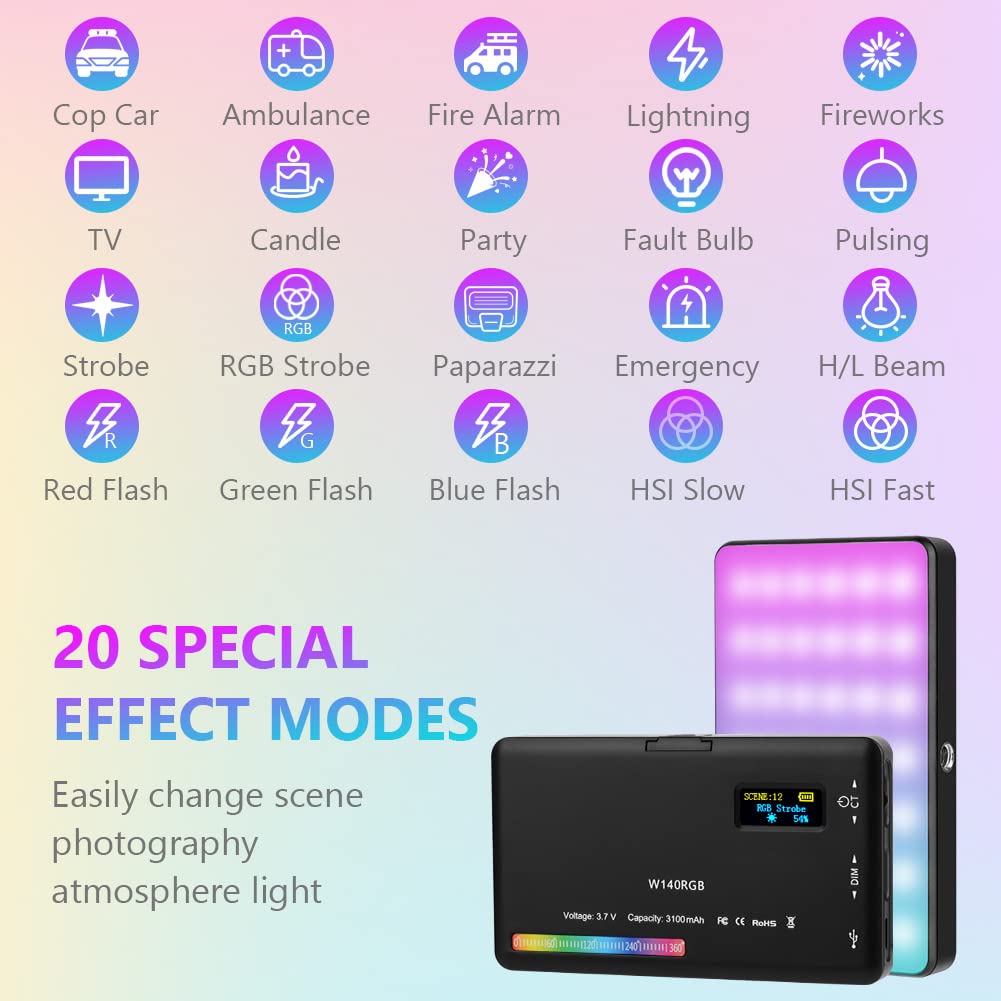 AXFEE Luce video, W140 RGB CRI95+ 2500K-9000K Dimmerabile Luce LED Fotografica, Pannello Luce LED, Ricaricabile USB con Batteria da 3100 mAh per Tiktok/Foto di Prodotti/videocamere DSLR, Fotografia