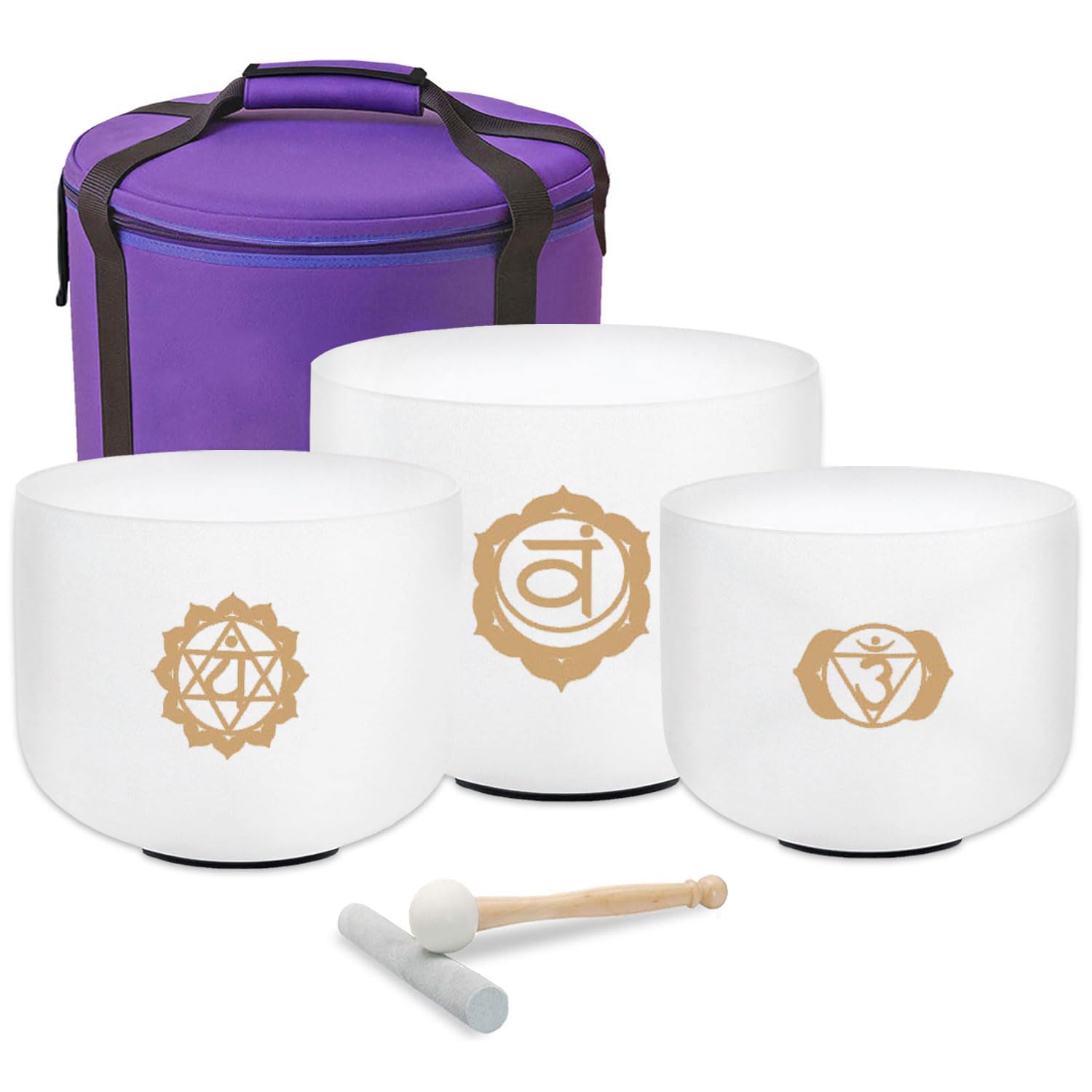 keepdrum Ensemble de bols chantants en quartz OM Pro Gold 3 chakras avec accessoires