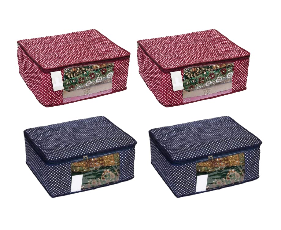 Image of Cotton Saree|Clothe Bag|Cotton Saree Cover Closet Orgnizer /Saree Bags For Wardrobe Orgnizer Clothe Covers |Clothe Organizer|Foldable Wardrobe (Pack of 4, Maroon + Blue)