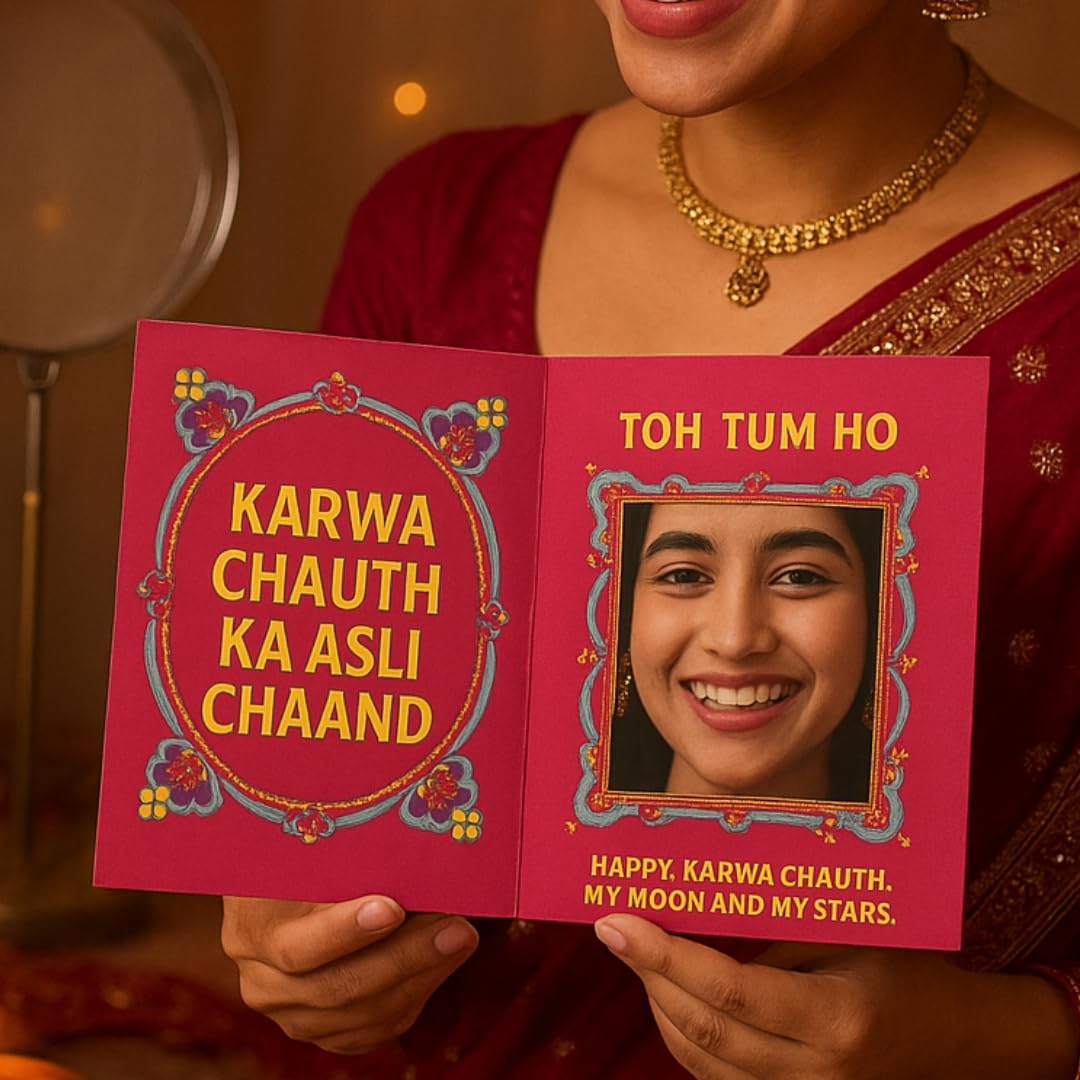 Karwa Chauth Greeting Card with Mirror – “KARWA CHAUTH KA ASLI CHAAND” | Folded Festive Card for Wife | Premium Matte Finish, Ready to Gift