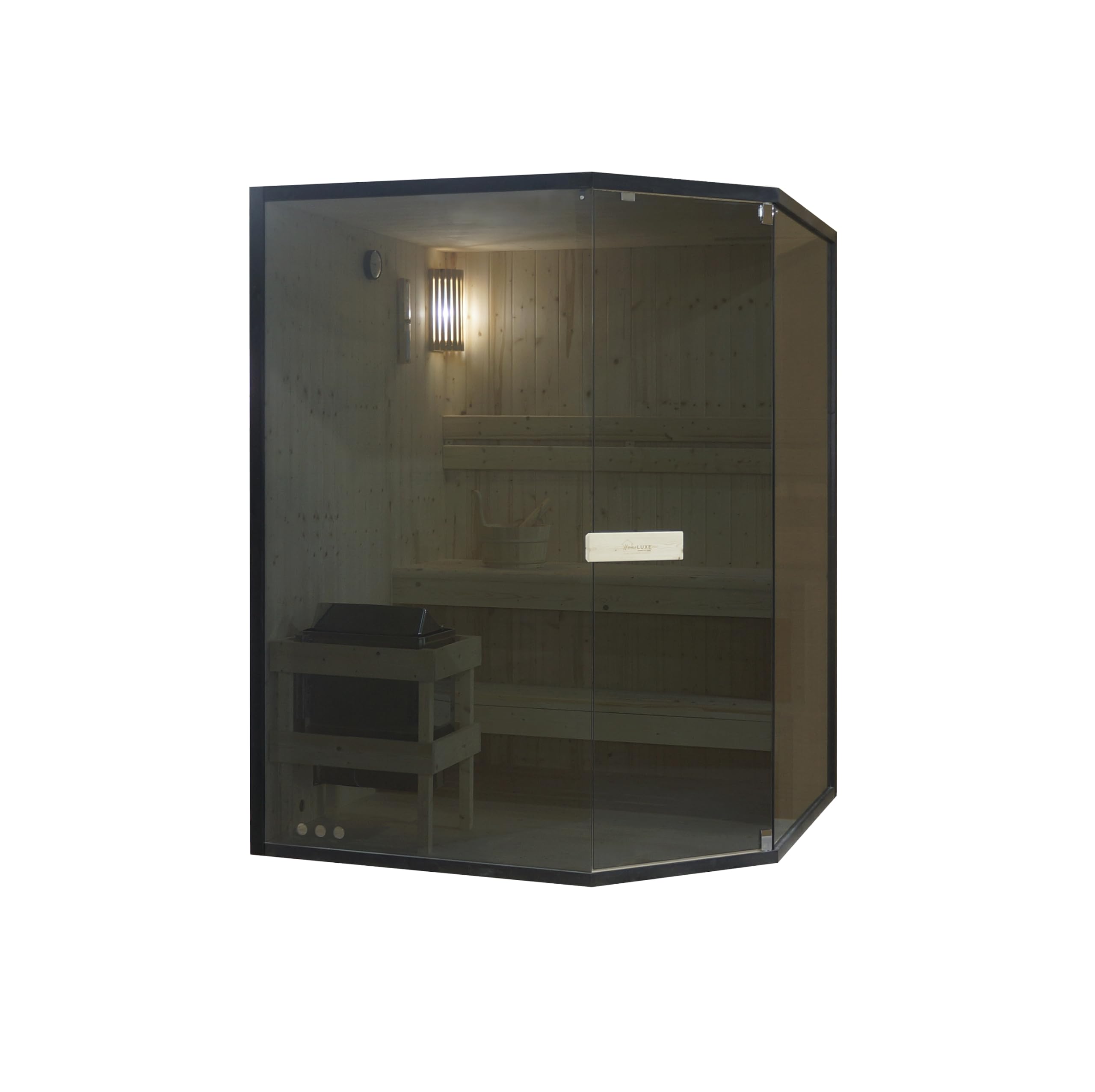 SANOTECHNIK Sauna FALUN XL für 2–3 Personen, Innensauna aus Fichtenholz mit 6,0 kW Harvia Saunaofen, Saunasteine & Zubehör, getöntes Sicherheitsglas, 150 x 150 x 200 cm