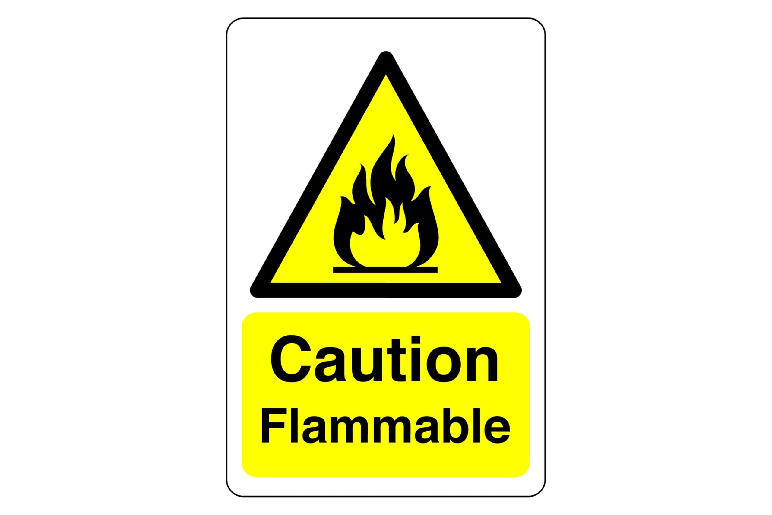 Caution flammable sign - 1.2mm Rigid plastic for indoor/outdoor usage (400mm x 300mm) Viewing Distance within 14m.