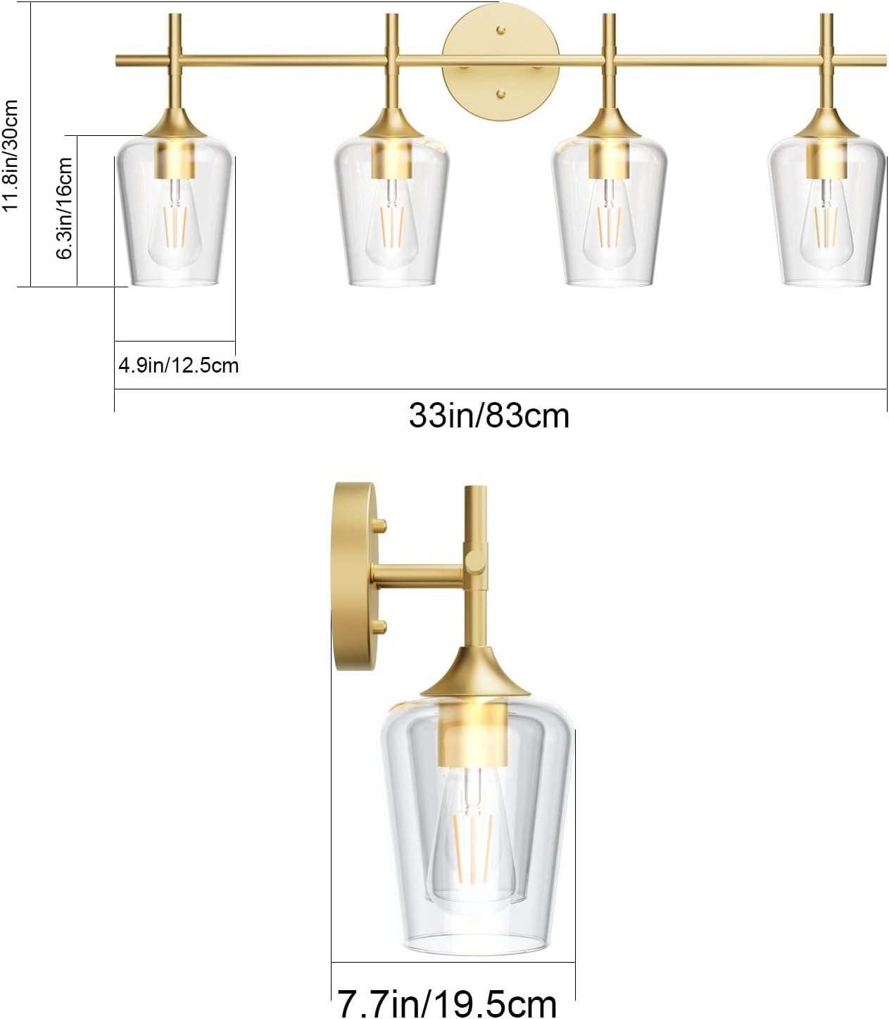 Ralbay 4-Lights Gold Vanity Light Fixture Vintage Gold Vanity Lights Wall Lighting Clear Glass Gold Bathroom Light Fixtures Over Mirror
