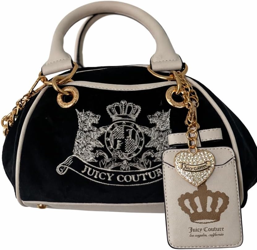 Juicy Couture Women’s Classic Scottie Dogs Velour Satchel Handbag with Heart Charm & Chain Strap