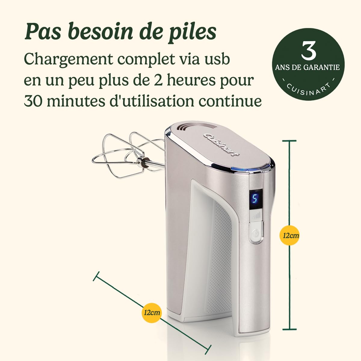 Cuisinart Cordless Power Hand Mixer | mikser do ciasta do pieczenia | kij ze stali nierdzewnej, 5 prędkości | możliwość ponownego ładowania | 20 minut ciągłej pracy | nadaje się do mycia w zmywarce |