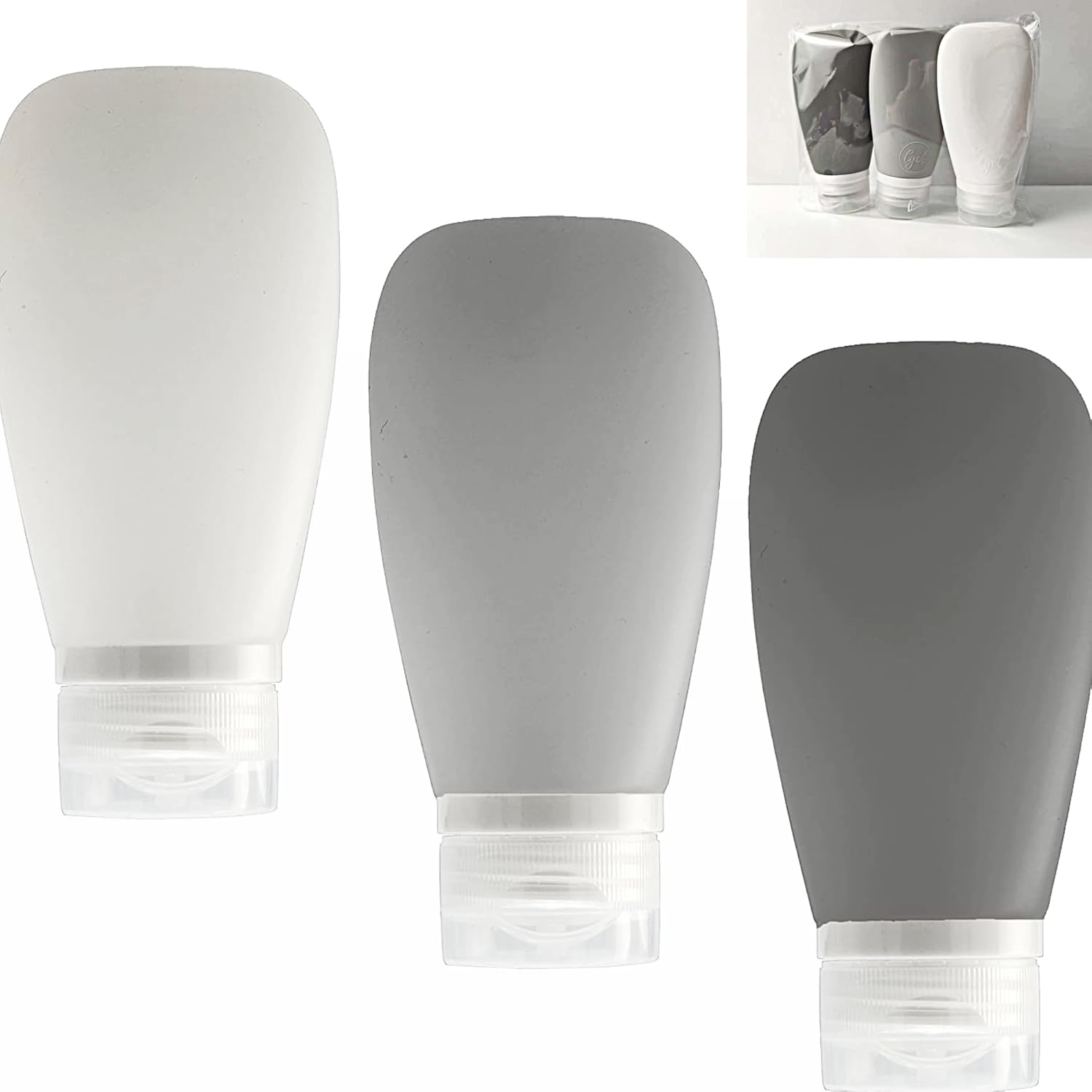 Travel Bottles for Toiletries, TSA Approved 3oz Leak Proof Silicone Refillable Squeeze Travel Size Containers BPA Free for Cleansers, Lotions, Shampoo 3-pk (Black-Gray-White)