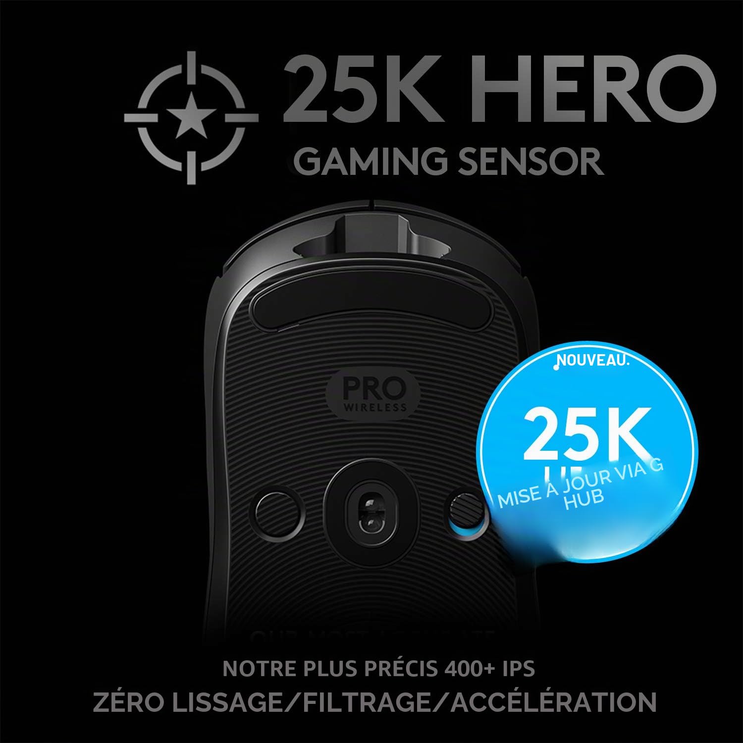 Logitech G PRO Radio-fréquence Souris Gamer sans Fil, Capteur Gaming HERO 25K, 25 600 PPP, RVB, Ultra-Léger, 4 à 8 Boutons Programmables, Batterie Longue Durée, POWERPLAY-compatible, PC - Noire