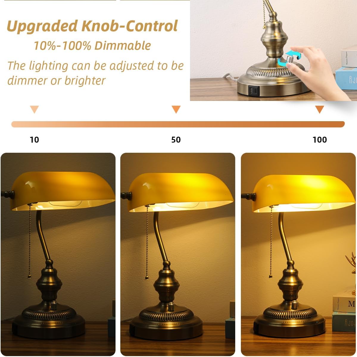 Rustic Banker's Desk Lamp Stepless Dimmable, Traditional Bankers Desk Lamp with USB Port and Outlet, Vintage Farmhouse Table Lamp for Home Office Library