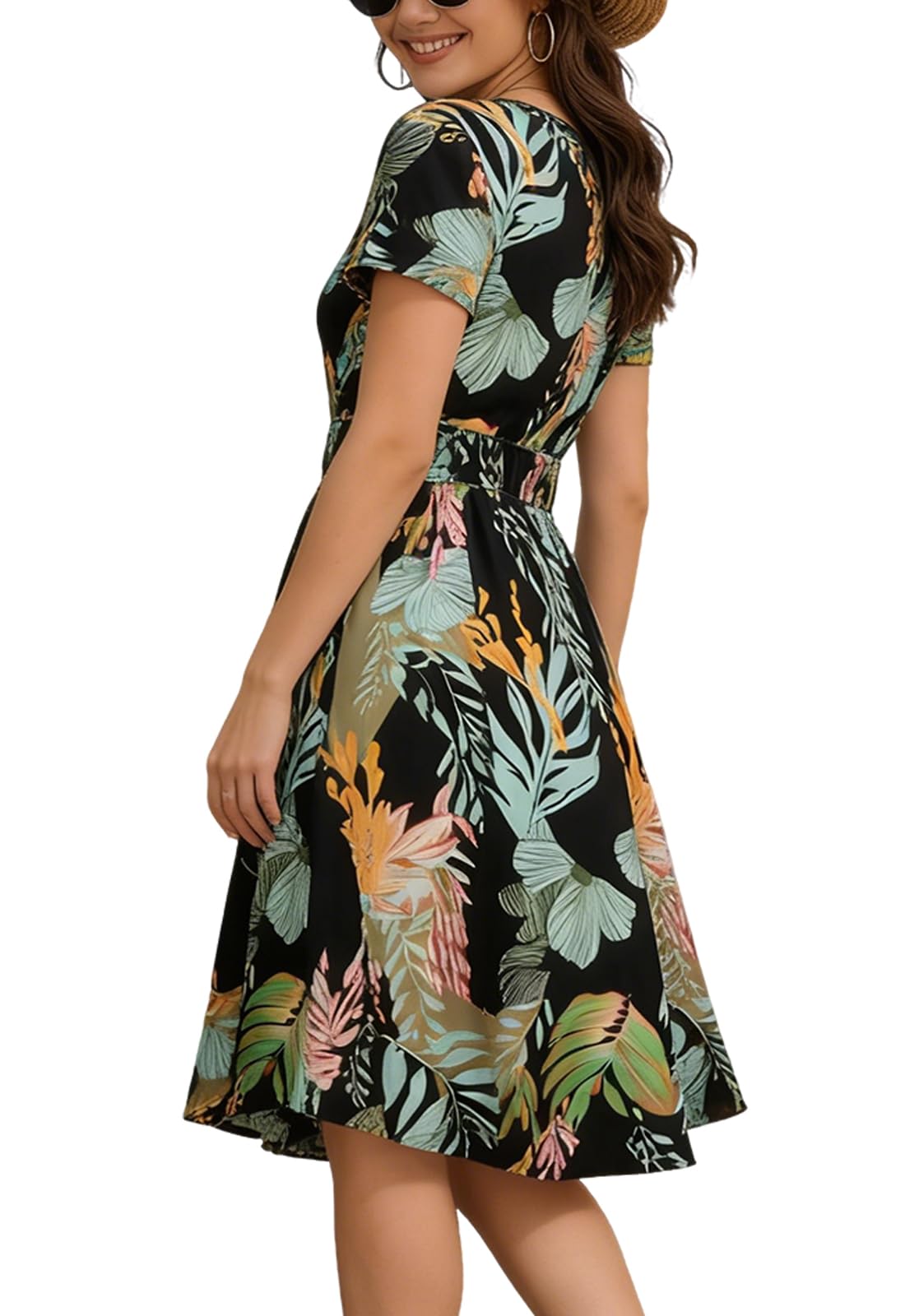 JayscreateEU Robe d'été pour femme - Robe portefeuille - Robe de fête élégante - Manches courtes - Col en V - Longueur genou - Mini robe de plage - Robe crayon festive - Robe moulante