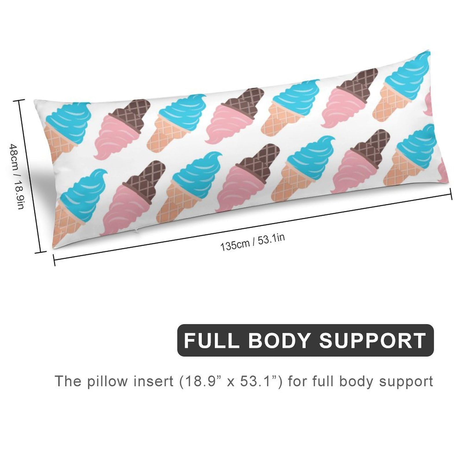 velumair Ice Cream Cute Body Pillow Cover 20x54 Inches Long Bed Decor Pillow Case Protector with Zipper Closure Body Pillowcase for Home Bedding