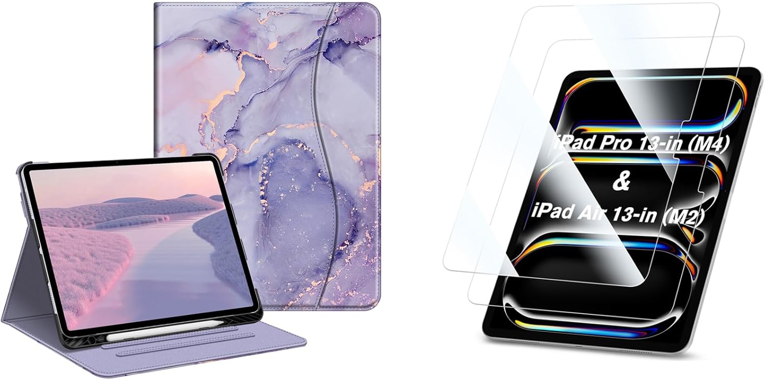 Fintie Bundle: Fintie Hybrid Slim Case for iPad Air 13-inch (M2) 2024, [Built-in Pencil Holder] Shockproof Cover Clear Transparent Back Shell + [2-Pack] Tempered Glass Screen Protector
