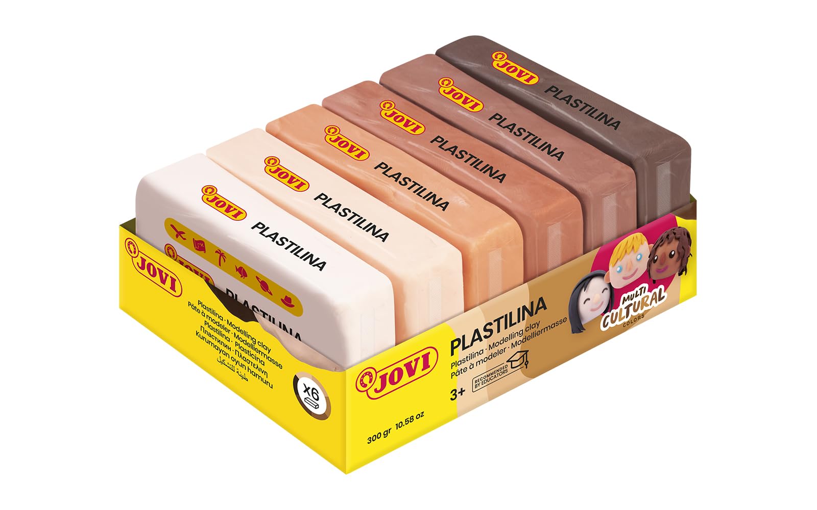 Jovi Plastilina Shades of Skin Colour Multicultural Non-Drying Modelling Clay for Art & Craft, Pack of 6 Bars - 50gms Each for Fine Motor Skills Moulding Pottery Sculpting with Dough
