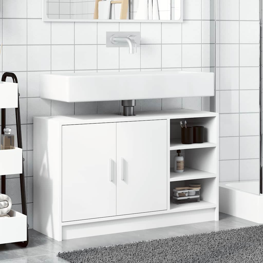 Mangloder Armoire d'évier Blanc Bois d'ingénierie 90x29x55 cm Meuble sous lavabo avec Rangement 2 Portes 3 Compartiments pour Salle de Bain Toilette buanderie Pratique et Stable