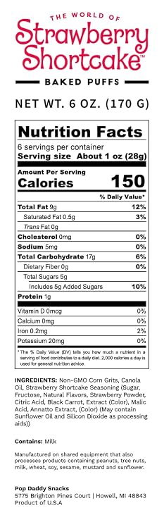 Pop Daddy Strawberry Shortcake Baked Puffs, 6oz Puffs Snacks, 3 Pk