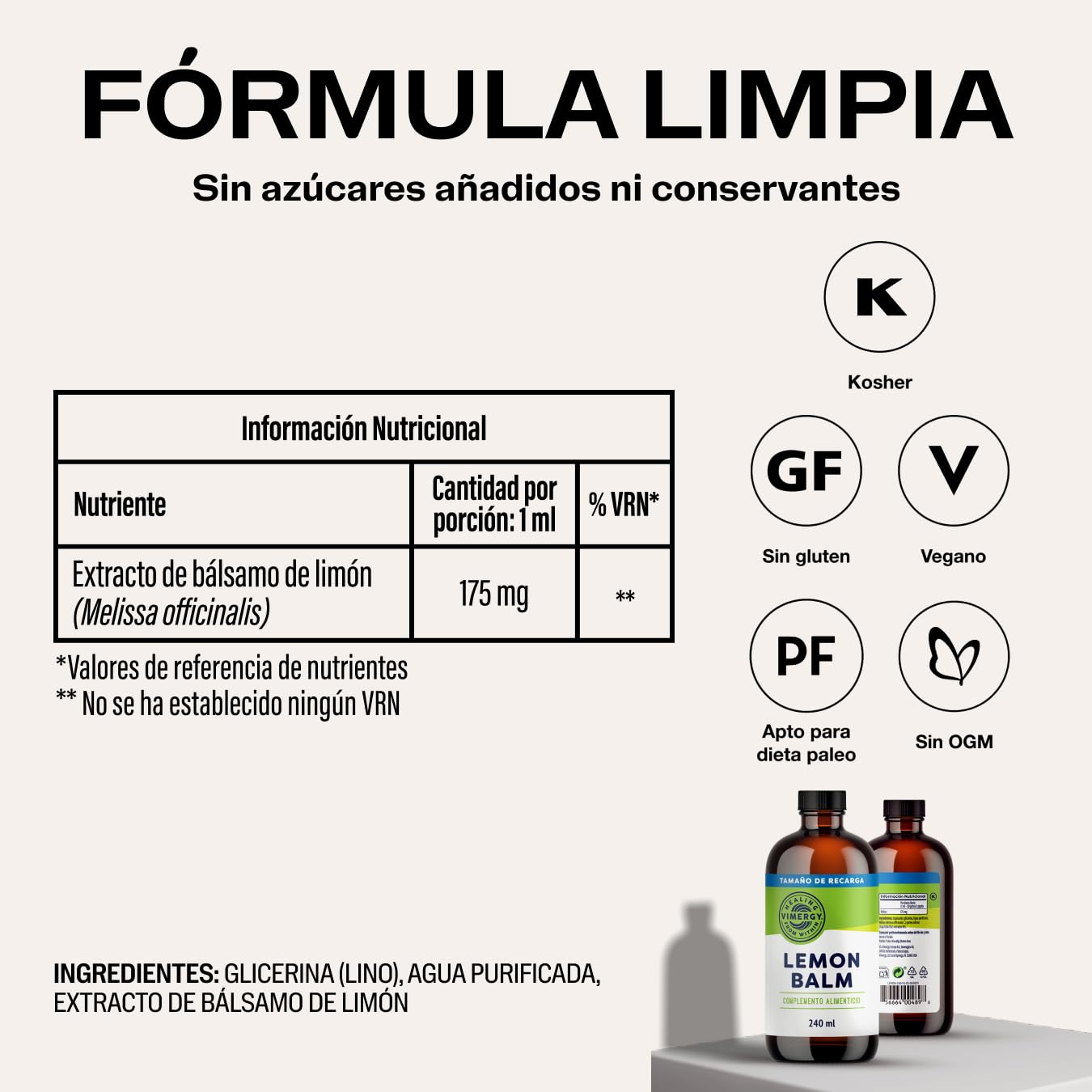 Vimergy Lemon Balm – 240 ml, 240 Dosis – Extracto de Bálsamo de Limón – Suplemento Vegano a Base de Glicerina – Melisa Gotas Concentradas – Formulado sin Azúcar ni Aglutinantes- Sin OMG ni Gluten
