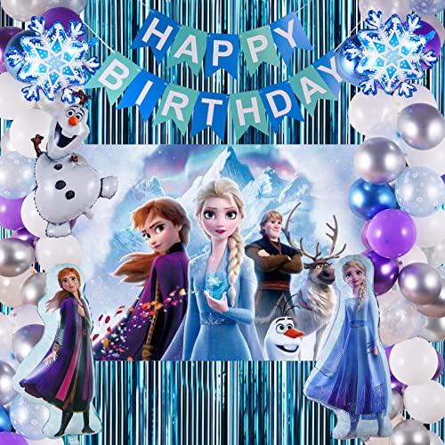 Frozen Birthday Party Supplies, Frozen Party Decorations 82 PCS Includes Frozen Backdrop Snowflake Balloon Garland Arch Kit, Elsa, Anna and Olaf Foil Balloon and Happy Birthday Banner for Girls