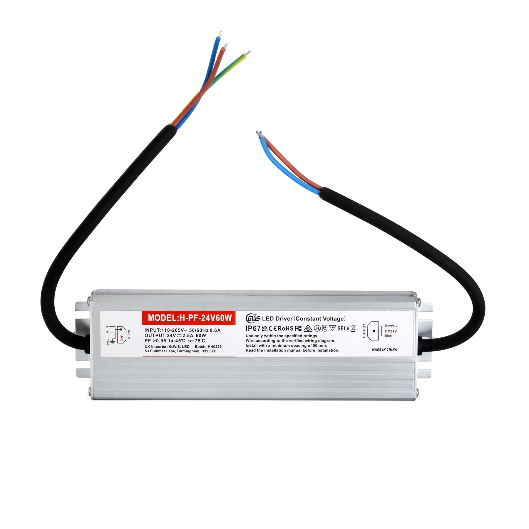 G.W.S® LED Driver Transformer Power Supply, Output DC24V 2.5A 60W, Input AC200-240V, IP67 Waterproof For Indoor & Outdoor Use