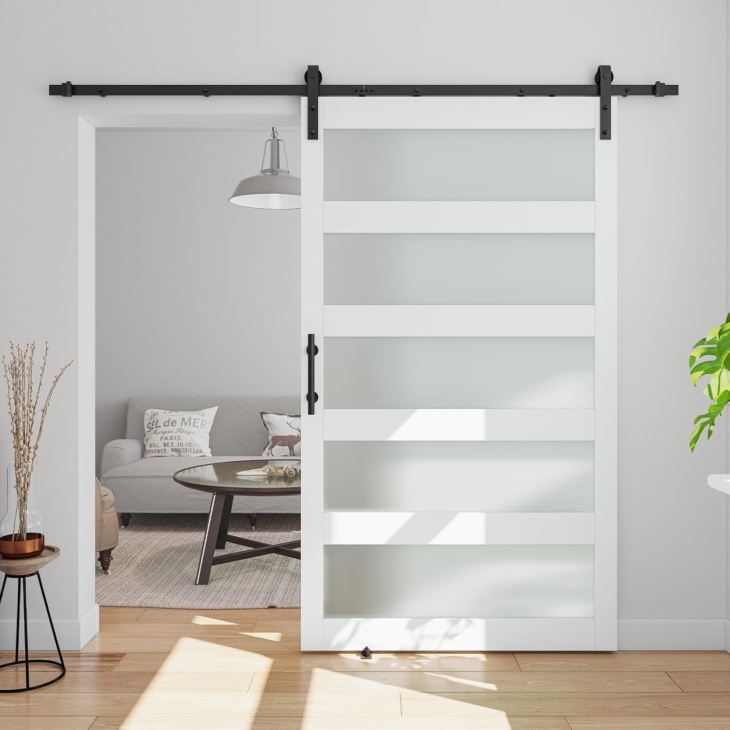 42in x 80in Glass Barn Door with 7ft Barn Door Hardware Kit & Handle, Pre-Drilled Holes Easy Assembly -Solid Barn Door Slab Covered with Water-Proof PVC Surface, White, 5 Panel