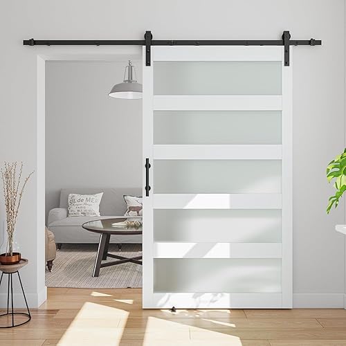 Miniatura 8 de Puerta corrediza de granero de vidrio de 5 paneles de 40 x 84 pulgadas con kit de herramientas de 7 pies incluido, fácil montaje con agujeros