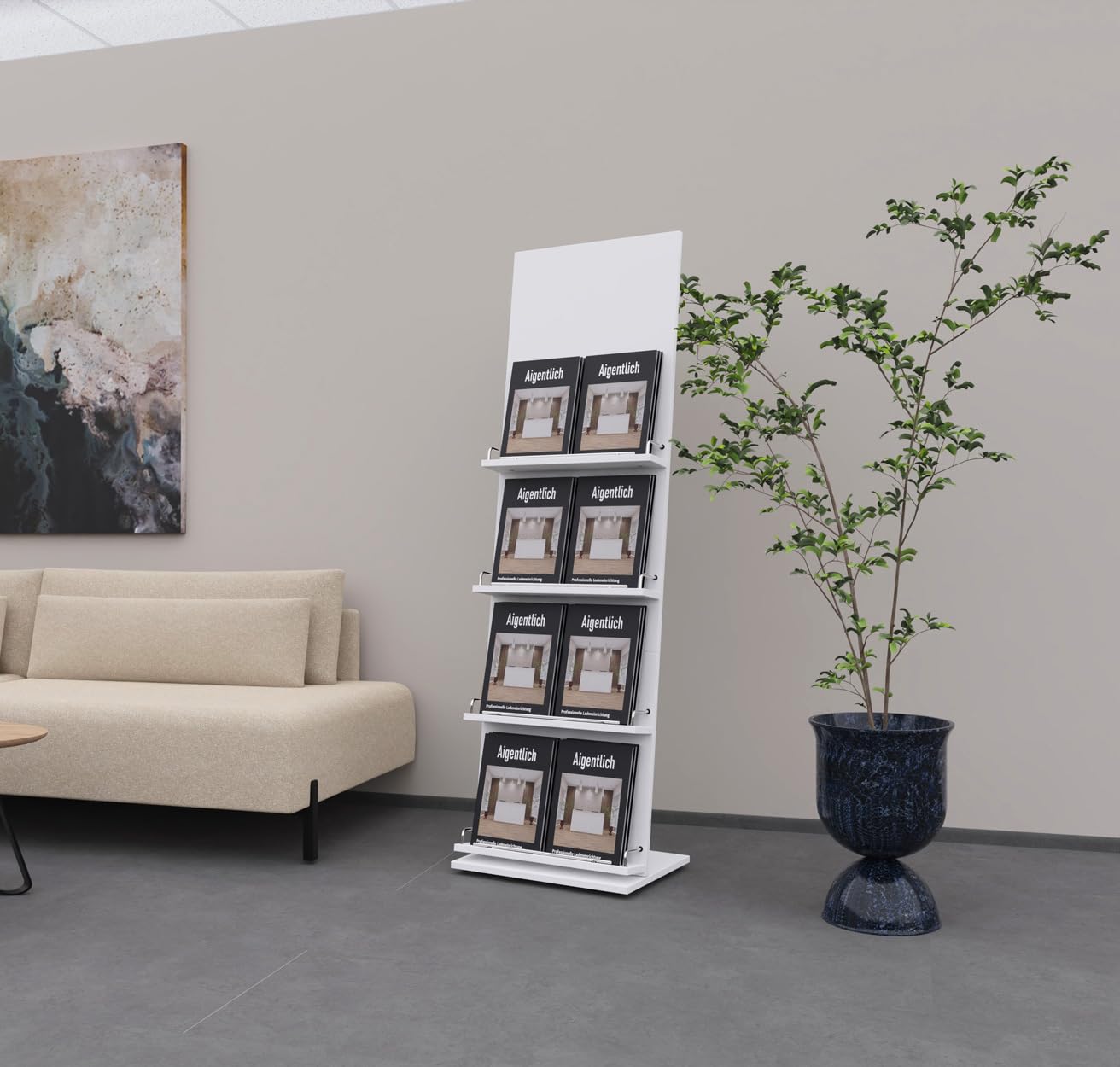 Prospektständer Holz 166x50x38cm, Katalogständer 4 Ablageböden für 8 x DIN-A4, sehr stabiler Broschürenständer, Zeitschriftenständer, Flyerständer inkl. Werbefläche (Weiß, DIN-A4)