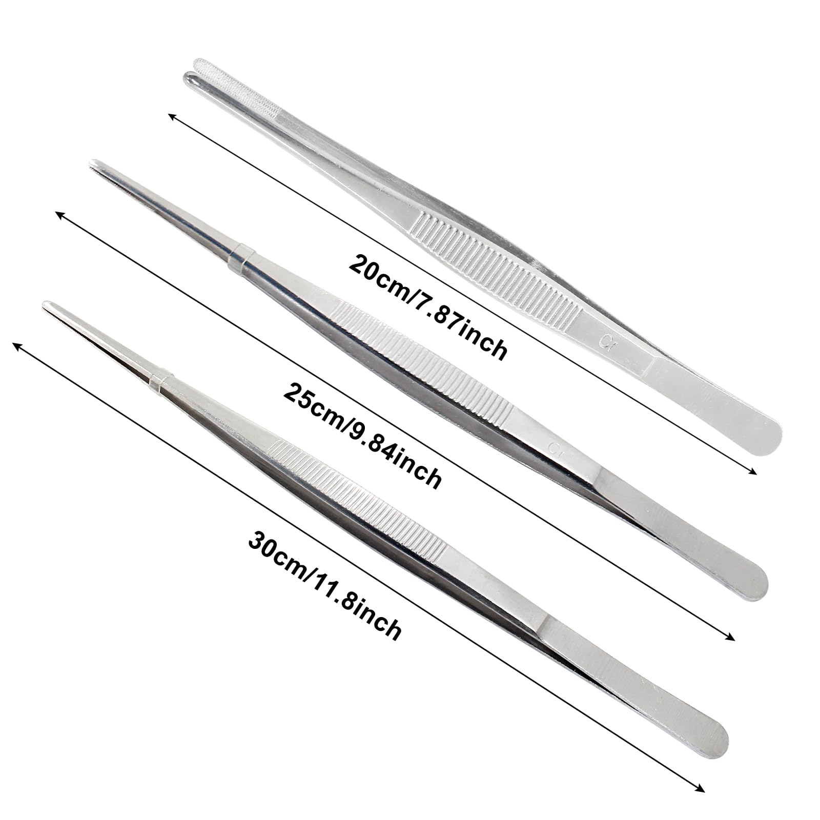 Juego de 3 pinzas de acero inoxidable para alimentos, pinzas de cocina, pinzas culinarias, pinzas de chef finas para cocina, decoración de cocina (8, 10 y 12 pulgadas)