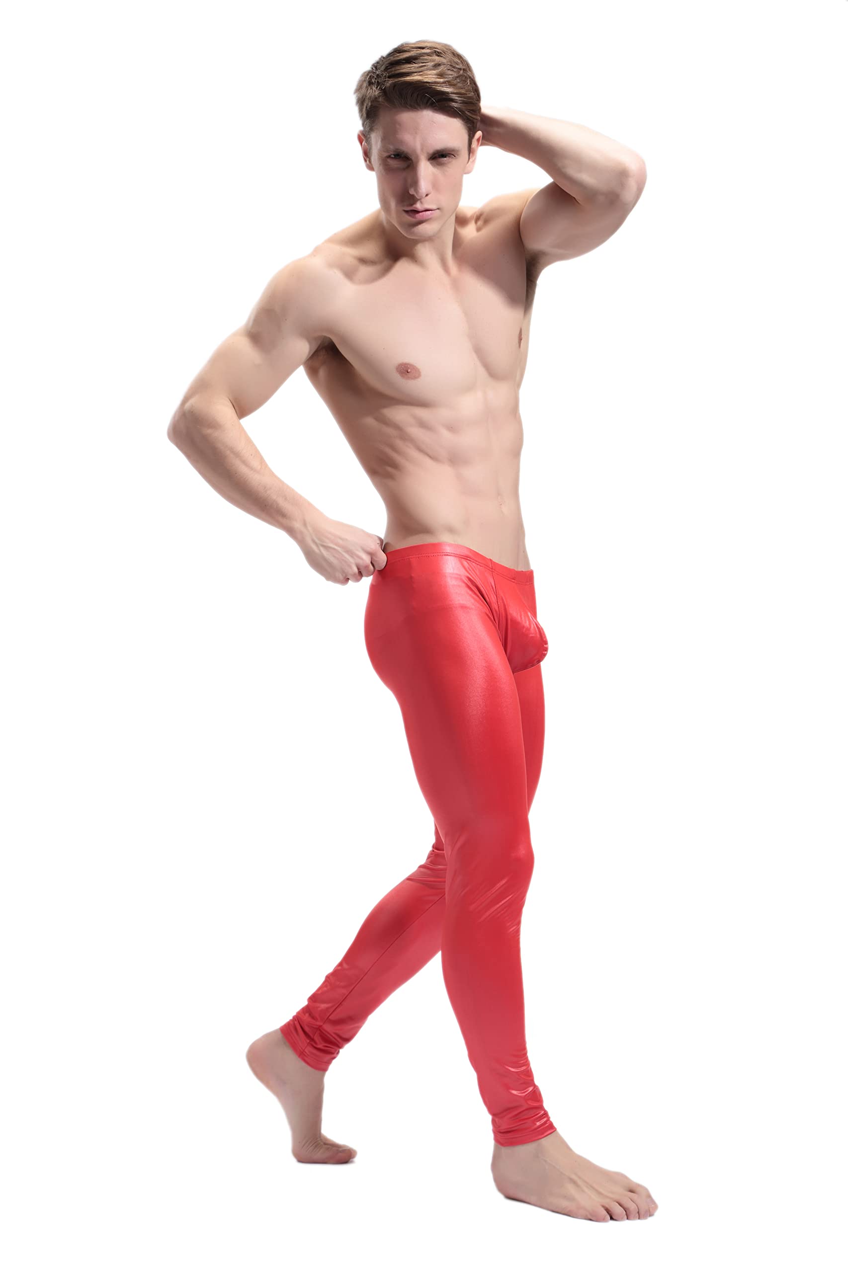 BaronHong - Pantalones Ajustados de Piel sintética para Hombre, Mallas metálicas para Club Nocturno, Pantalones Largos