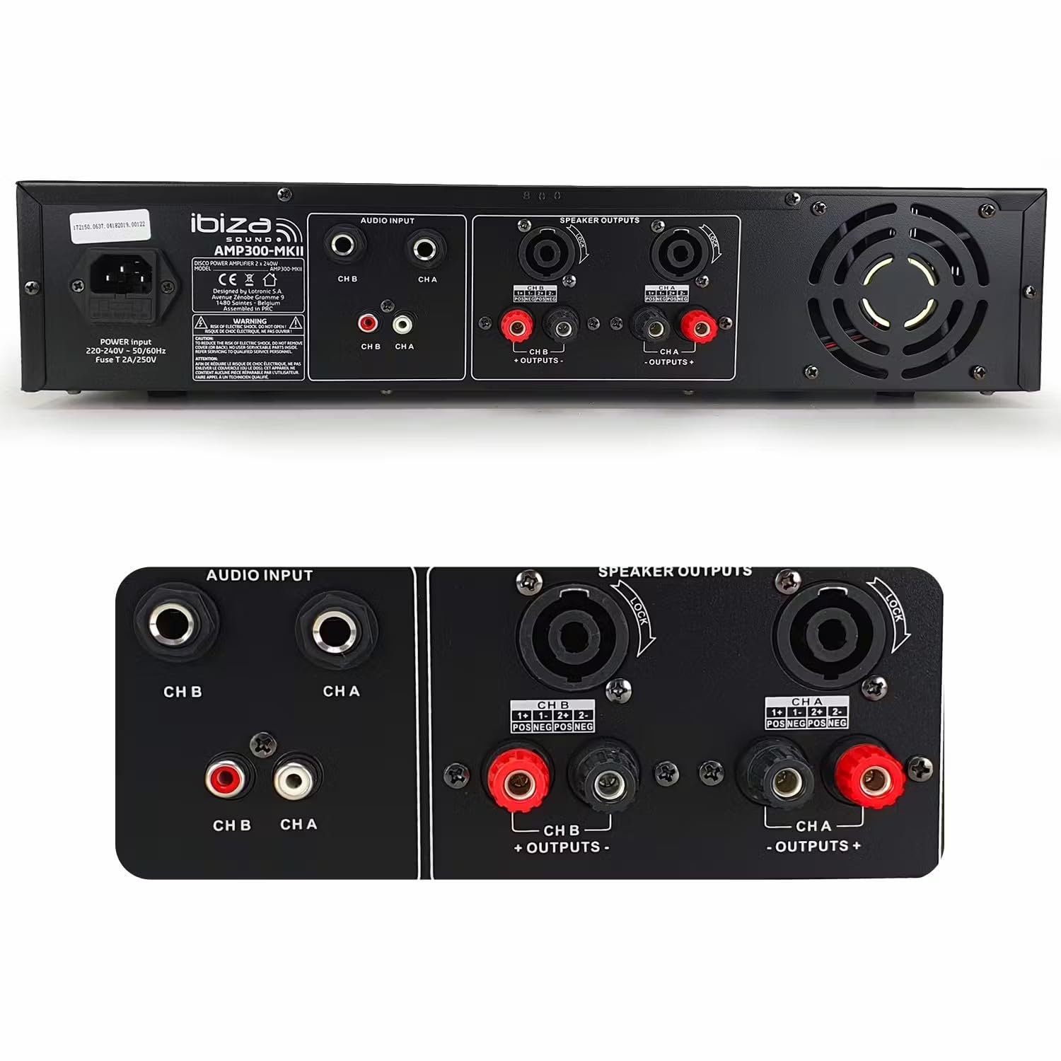Ibiza - Pacchetto Amplificatore Sono 2 x 240W AMP300MKII - Cavo HP Altoparlante 3m - Cavo RCA/RCA - Cavo PC/RCA DJ