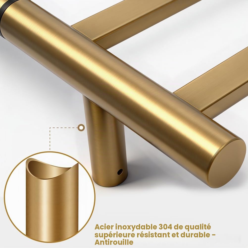 Sèche-Serviettes Électrique, Radiateur Porte-Serviettes Chauffant,65 W, Doré, Mural, Double Face Rotative, en Acier Inoxydable 304 avec Minuterie Intégrée, Plug in