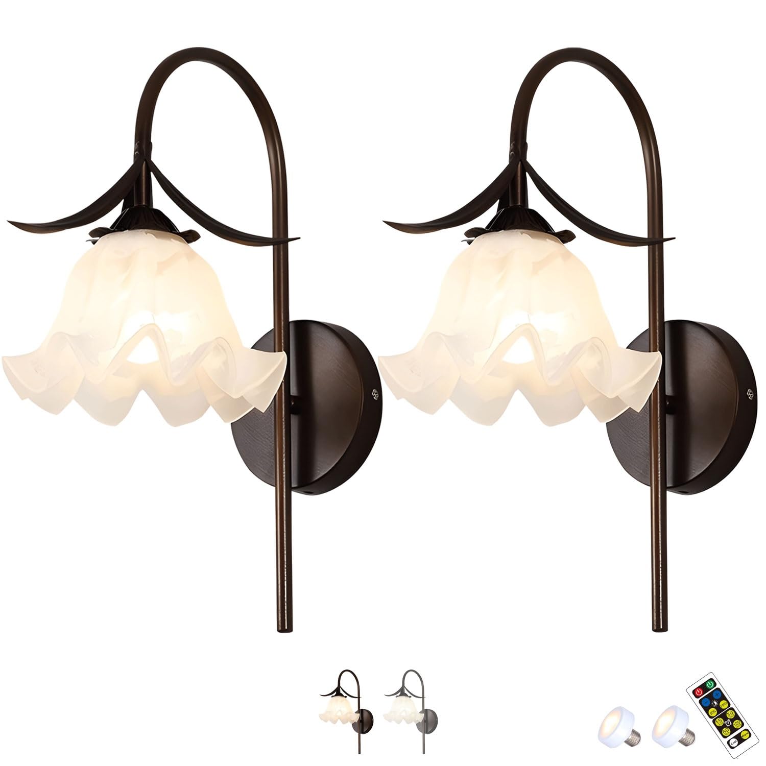 Battery Sconces Wall Decor set of 2,Rechargeable Wall Scones ,Modern Flower Wall Lights ,Wireless Sconces with Remote,Dimmable Lighting Fixtures for Bedroom Living Room Entryway(Black,Two-color)