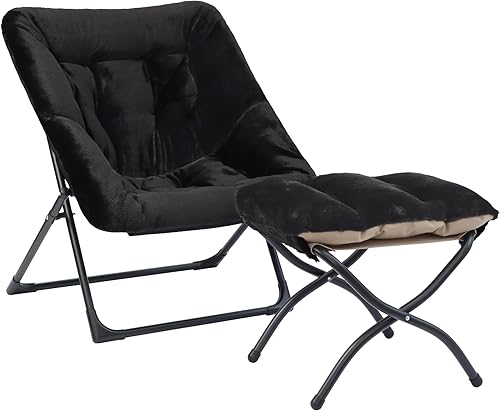 Miniatura 28 de Cómoda silla platillo para adultos, silla de dormitorio de piel sintética suave con otomana, sillas de dormitorio decorativas, sillas de lectura