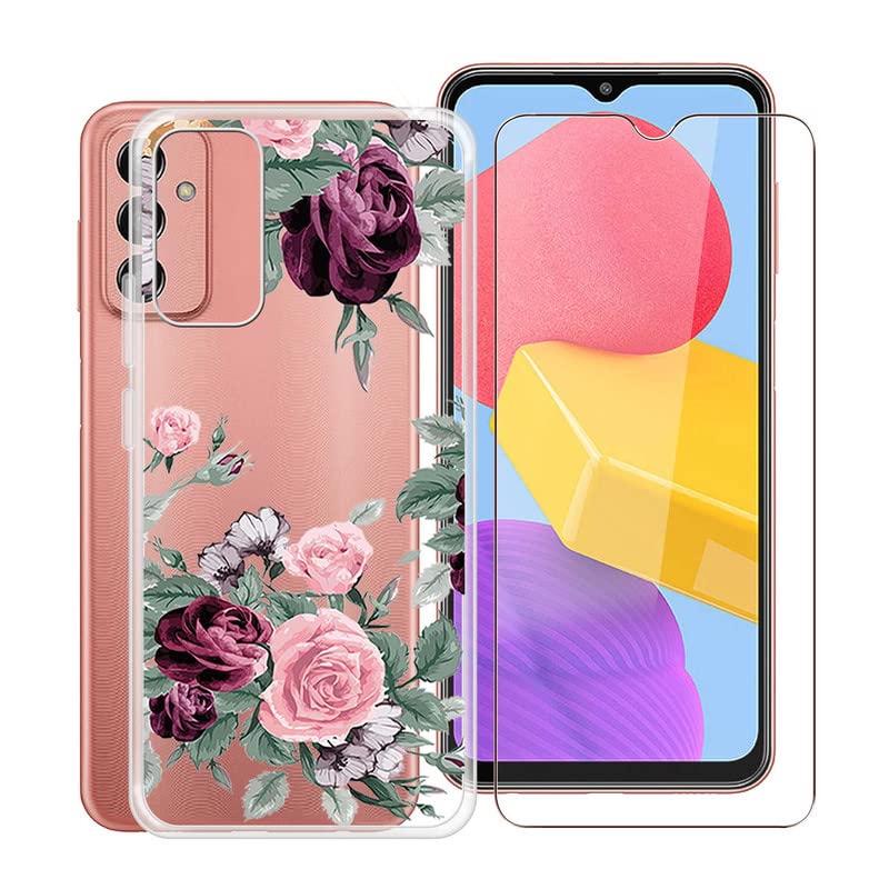 HGJTF Phone Case for Samsung Galaxy F13 (6.6") with 1 X Tempered Glass Screen Protector, Slim Clear Shockproof X Anti-Scratch Soft TPU Gel Cover for