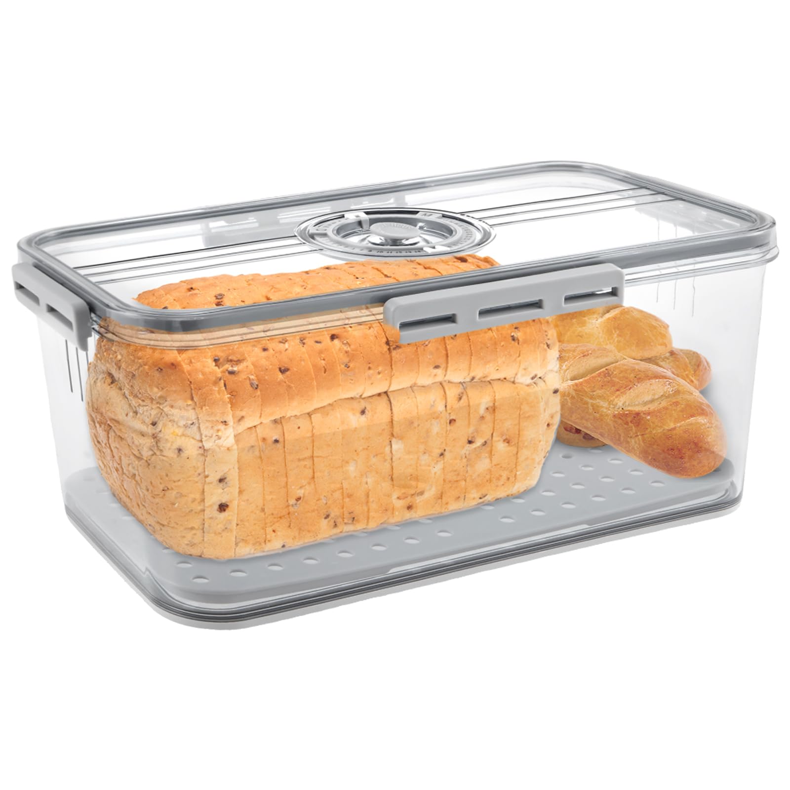 Bread Bin Airtight Bread Box,Time Recording Bread Box with Lid, Clear Breads Bins Storage for Kitchen Countertop, Plastic Breads Keeper with Air Valve for Bun Bagel Sandwich (Grey-32.5X22.5X11CM)