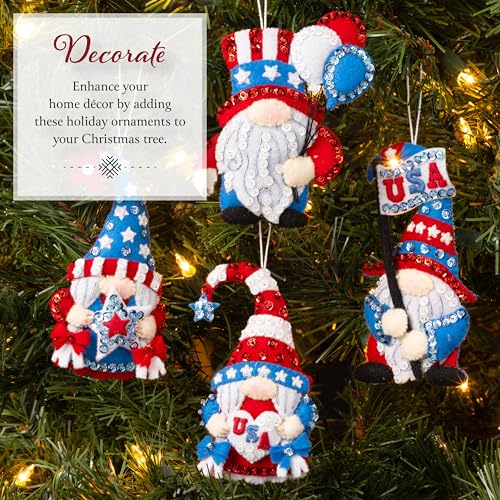 Image of Bucilla Felt Applique 6 Piece Ornament Making Kit, Red, White, & Blue Gnomes, Perfect for Holiday DIY Arts and Crafts, 89700E