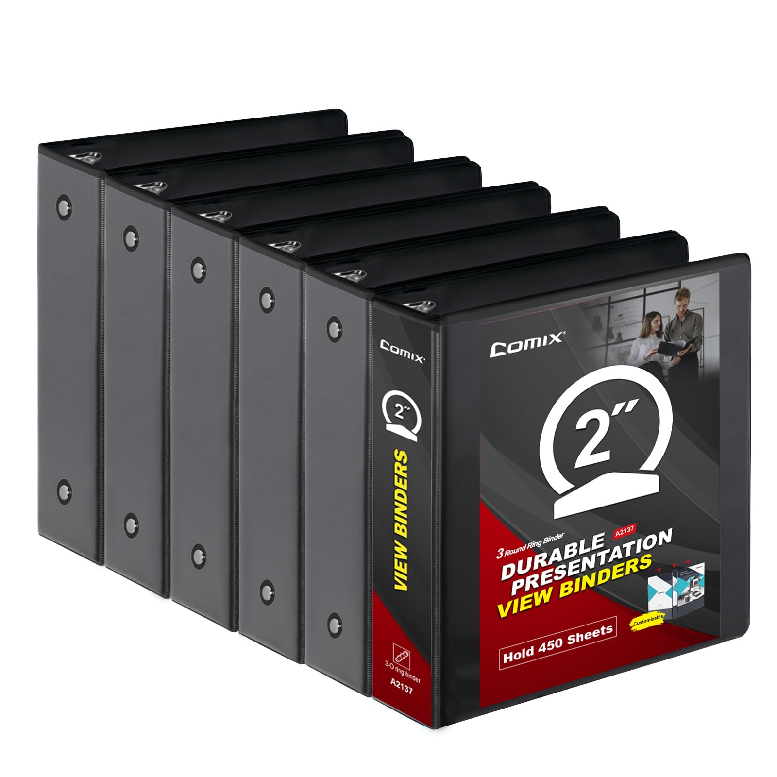 COMIX Sturdy 3 Ring Binder 2 inch with Clear View Cover, 2" Round Ring View Binder, PVC-Free, 2.4mm-Thick, 450 Sheets Capacity of US Letter Size Paper