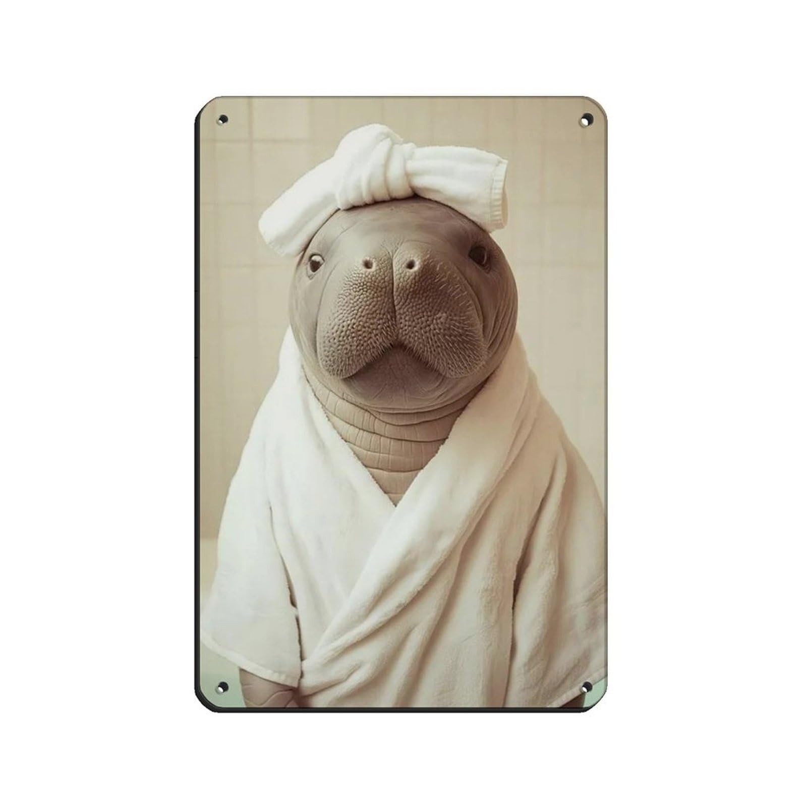 Manatee Wearing A Bathrobe, Bathroom Art Retro Poster Metal Tin Sign Chic Art Retro Iron Painting Bar People Cave Cafe Family Garage Poster Wall Decoration 8x12inch(20x30cm)
