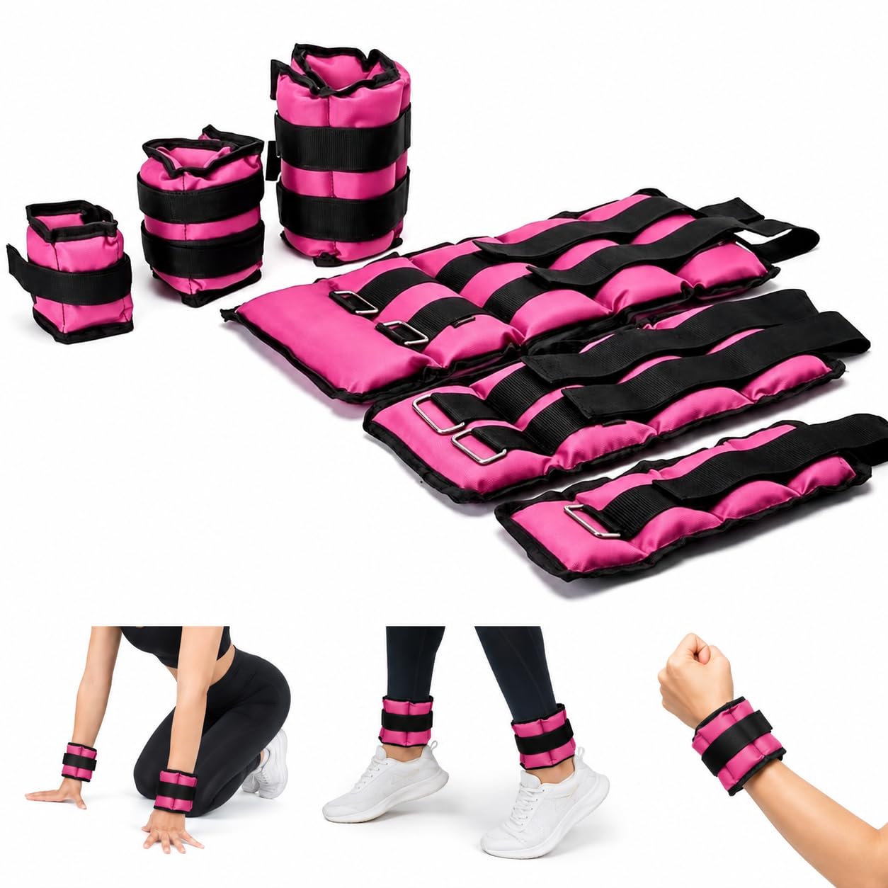 Adjustable Wrist & Ankle Weights Pair for Women Men Walking Running Yoga Fitness Training Leg Arm Weight Bands Exercise Workout Cuffs, Pink, 2KG Pair