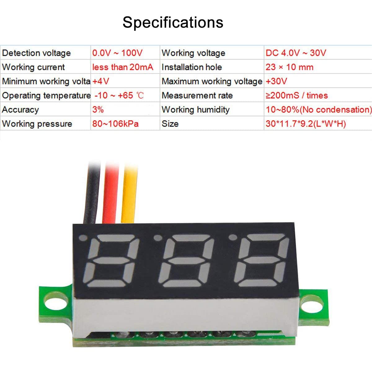 Greluma 5 piezas Mini voltímetro digital de DC de 0.28 ", medidor de voltaje del voltímetro mini de DC de tres hilos 0V-100V - 5 colores