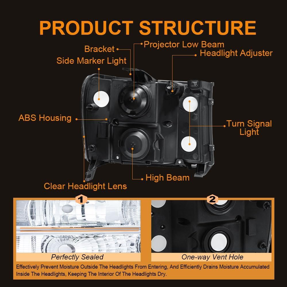 LED DRL Headlight Assembly Fit for 2007-2013 GMC Sierra 1500/2007-2014 GMC Sierra 2500 3500 (NO 2007 Classic) Left Right Side Front Lights Headlamp Black Housing Clear Reflector