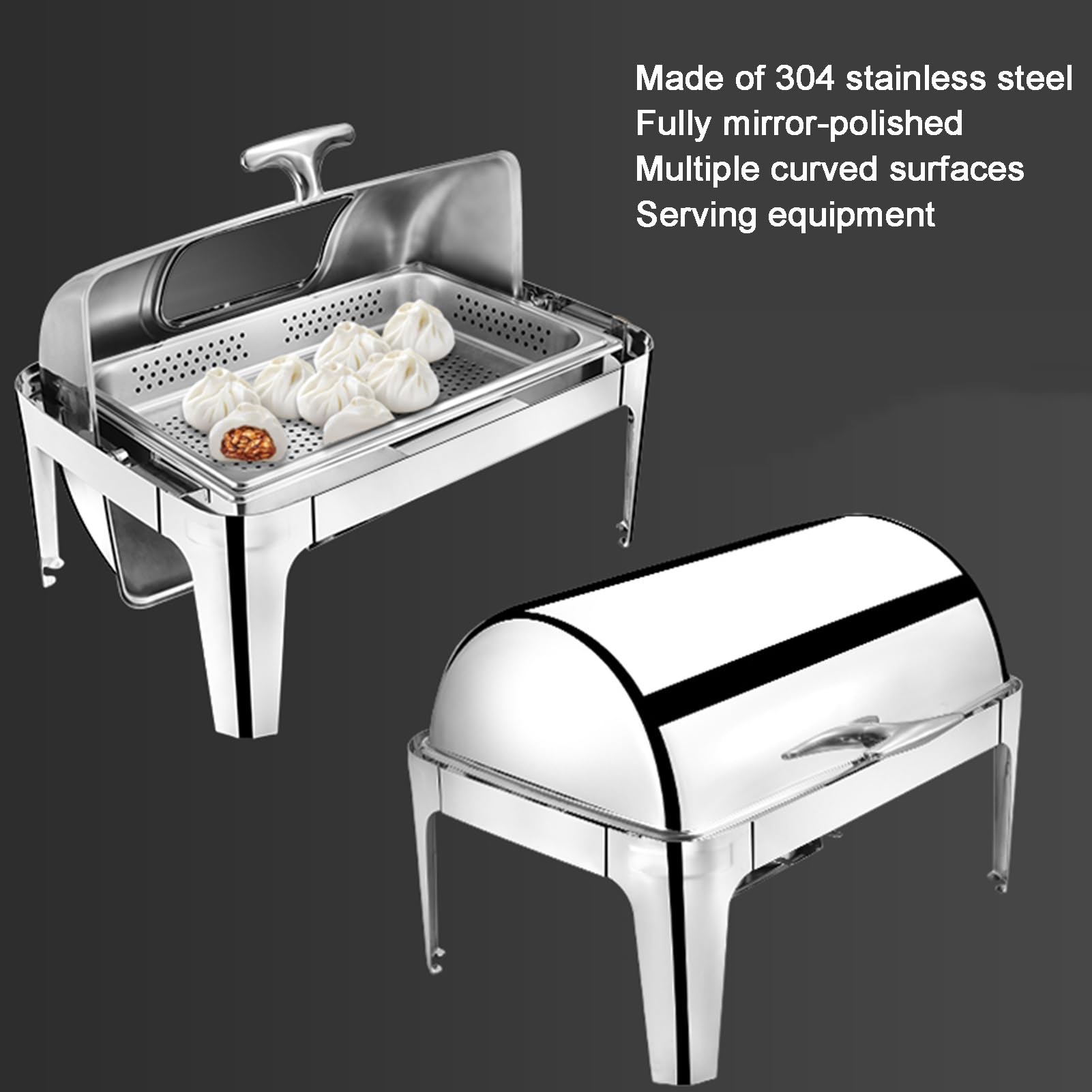 Set da buffet per scaldavivande, vassoio espositivo per servire cibo con coperchio a rullo, scaldavivande in acciaio inossidabile per feste, contenitore da banco per hotel e matrimoni (argento-B, 6,5