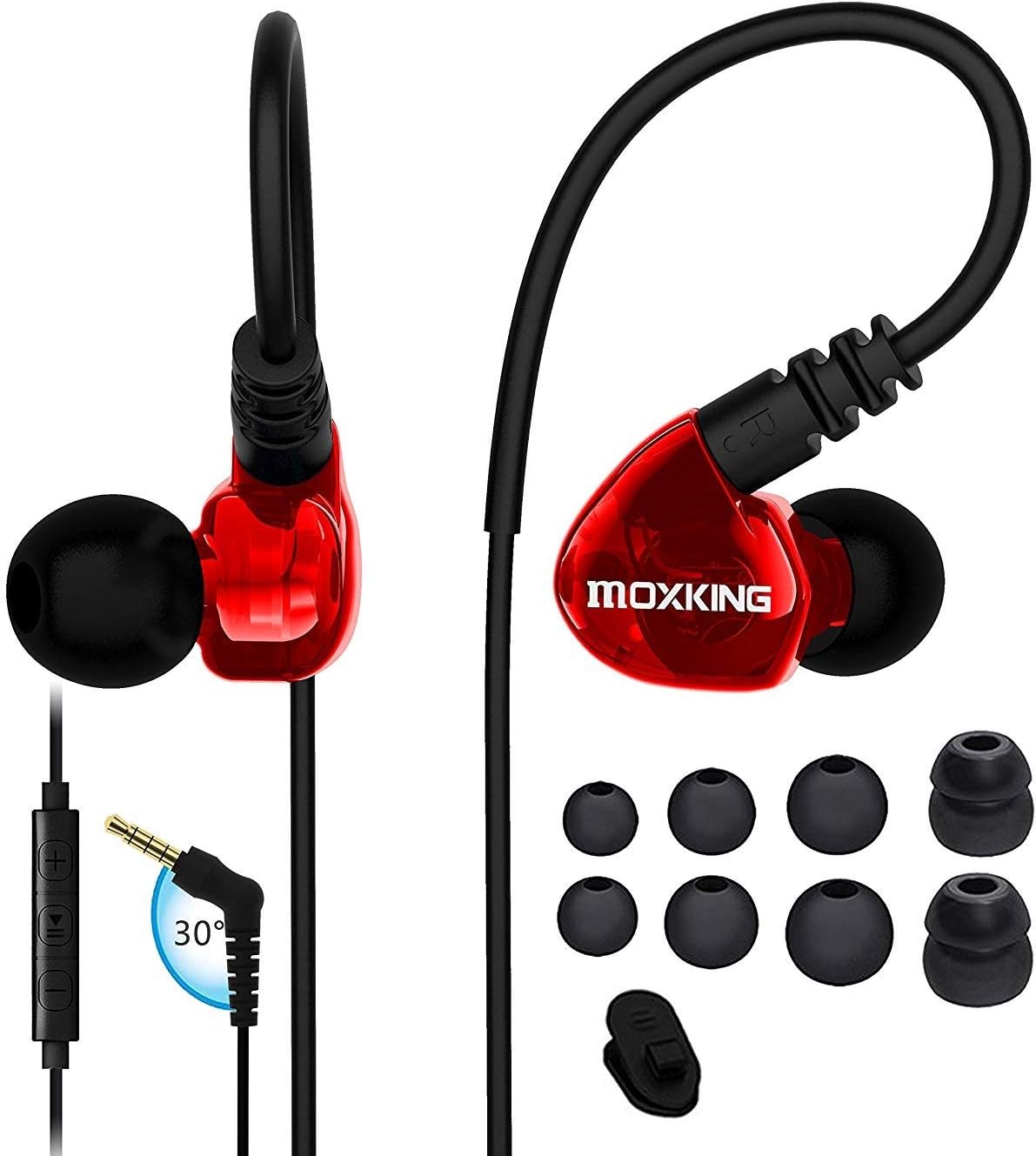 Running Sports Earbud Headphones Wired Over Ear In Ear Headsets Noise Isolation waterproof Earbuds Enhanced Bass Stereo Earphones with Microphone and Remote for Running Jogging Gym red