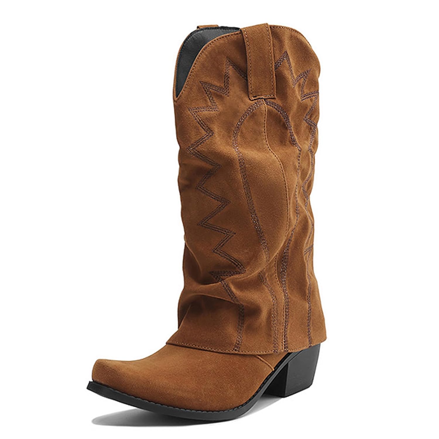 Womens Embroidered Mid Calf Cowboy Boots Fashion Pointed Toe Wide Calf Slip on Chunky Heel Western Boots