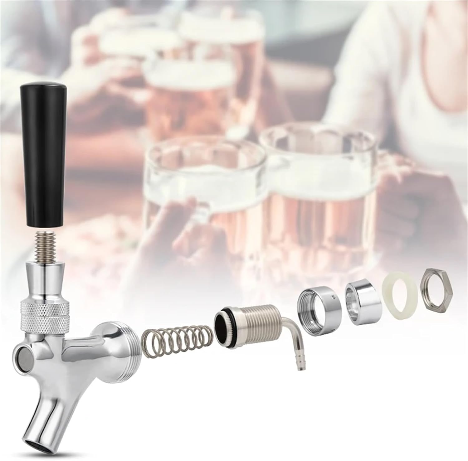 Beer Faucet 1/3/6pcs Draft Beer Faucet Chrome Plating Kegerator Tap Faucets with Brass Tube Elbow Home Brew Tower Shank Assembly(3pcs)