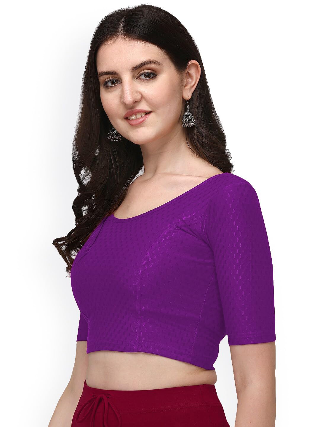 Dobby Cotton Spandex Blend Strechable Readymade Saree Blouse for Women Casual wear Comfort Blouse Round Neck Half Sleeves Wine Size 38"-image-25